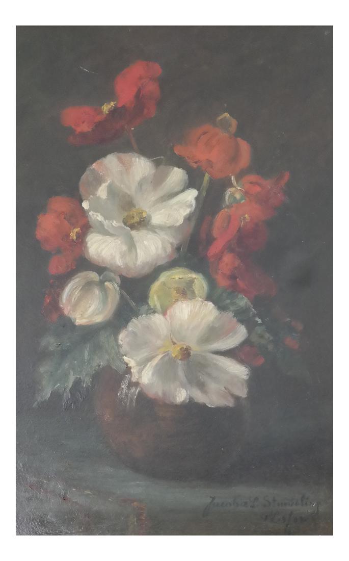 Jacoba L. Stuiveling Van Essen, Still Life: Oil on artist's board still life with red and white flowers in a vase. Signed at bottom right "Jacoba L. Stuiveling Van Essen." Contained in a gilt wood frame. Dimensions: Art: 16.5"&n