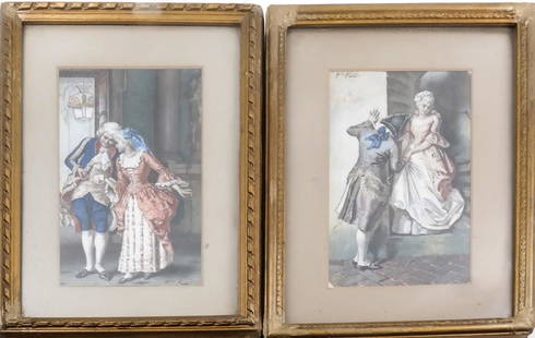 Pio Ricci, Two Courting Scenes - Watercolors: Two watercolor with heightening courting scenes. Each depicts a well-to-do couple in 18th Century continental costume within an interior. Both signed "Pio Ricci," one at top left, the other at bottom
