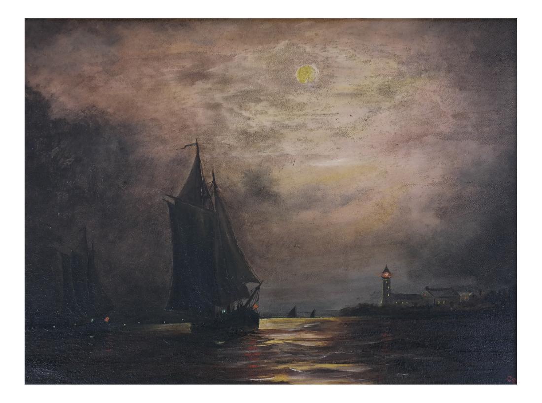 Sunset at Sea, Oil on Carton: Framed work of sailing vessels at dusk. Initialed lower right. Dimensions: Art: 8" H x 10" W; Frame: 15.5" H x 17.5" W;
