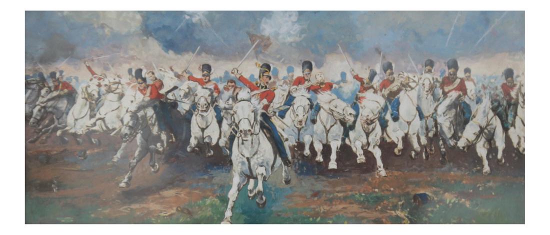 After Butler, "Scotland Forever!": After Lady Elizabeth Butler, depicting the charge of the Scots Greys during the Battle of Waterloo. Framed and matted under glass. No visible signature. Dimensions: 3.5" H x 8.25&q