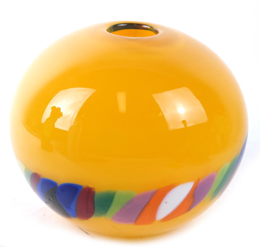 Atelier Beranek Glass Vase: Atelier Beranek glass vase, handmade in Czech Republic, decorated on yellow ground. Dimensions: 5" H x 7" ⌀; 