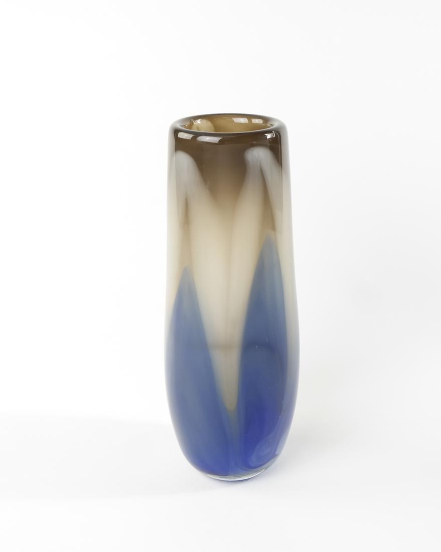Robert Barber, Modern Art Glass Vase: Blue transitioning to white then brown glass vase. Signed on bottom "Robert Barber 23 D 374". [4" Dia x 10 1/8"].