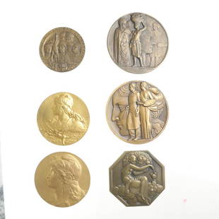 SELECTION OF BRONZE EXPOSITION MEDALS, 1925-1937.: FRANCE. International Exposition of Decorative & Modern Industrial Arts, 1923. 60mm octagon. By Pierre Turin. Damsel seated on clouds, birth of Art Deco. Colonial Exposition Tribute Medal to Old Soldi