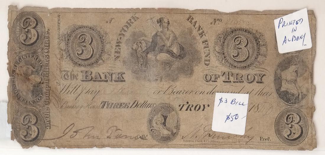 THE BANK OF TROY 1849 $3 OBSOLETE NOTE (1 of 2)