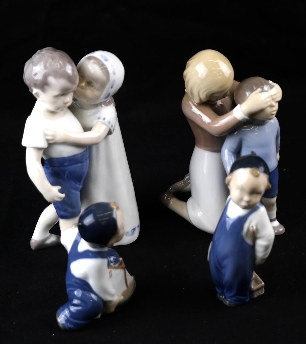 Royal Copenhagen and B&G Danish Porcelain Sculptures: Comprises two groups of children by Bing and Grendahl, and two groups of figues of a boy and a girl by Royal Copenhagen. Dimensions: Largest figure - 4.5" ⌀ x 