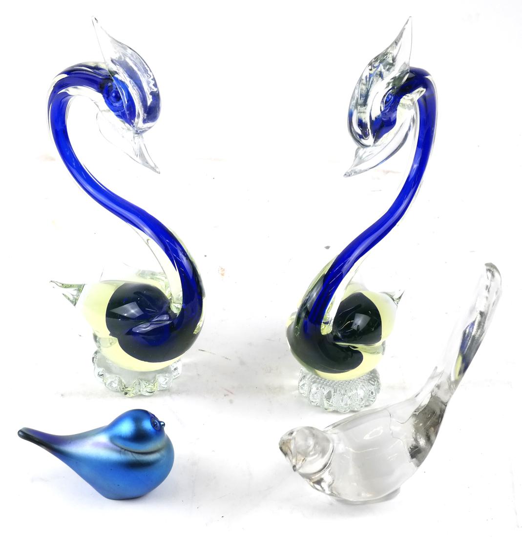 Four Glass Sculptures - Swans, Dove, Bird: Four glass sculptures including swans, dove, and bird. Smallest bird signed on bottom "Orient & Flume - G.G.Y." Dimensions: Largest item - 4" H x 10" W;&n