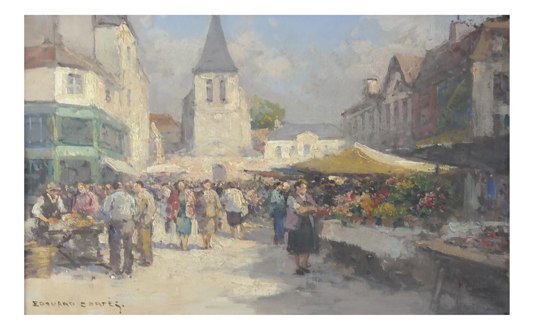 After Edouard Cortes, Street Scene: After Edouard Cortes street scene titled "March de' Lagny". Framed. Signed lower left. Signature not authenticated. Dimensions: Art: 13.25" H x 18.5" W; F