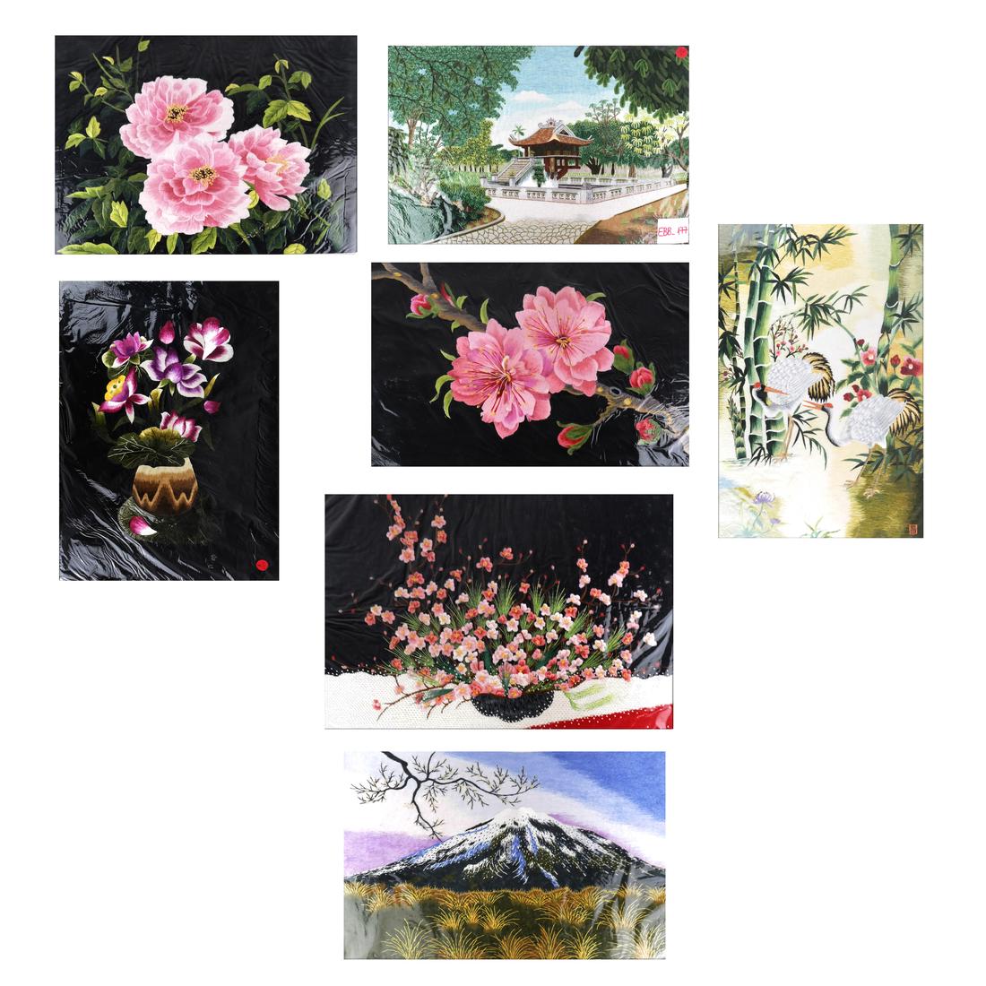 Asian Silk Embroideries: Matted silk and thread Chinese and Vietnamese embroideries. Dimensions: Largest - 19.5" H x 23.5" W; Smallest - 17.5" H&nb