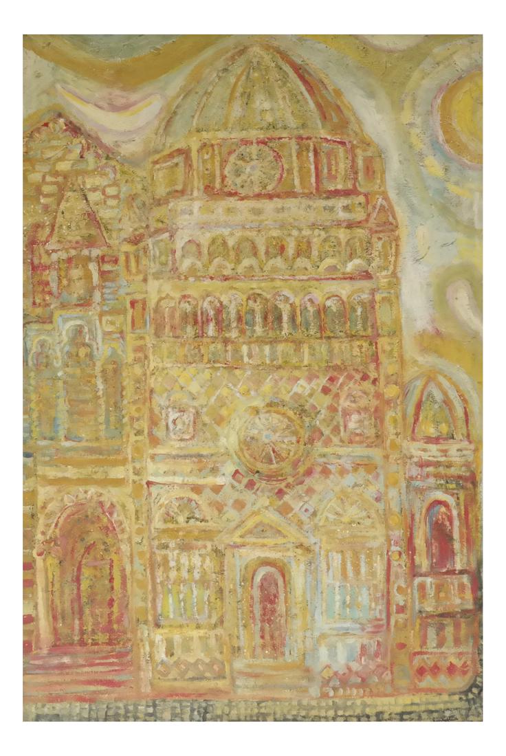 Johan Kinigstein, "Cathedral in Lombardy": Johah Kinigstein oil on masonite titled "Catheral in Lombardy." Dimensions: Art: 49" H x 31" W; Frame: 56" H x 36.5" W;