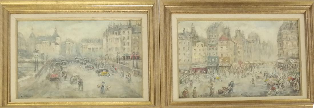Pair of Paris Street Scenes: Paris street scenes comprising Le Pont Neuf and Au Coin de Paris. Oil paintings on canvas. Dimensions: Art: 15.5" H x 12" W; Frame: 16" H&n