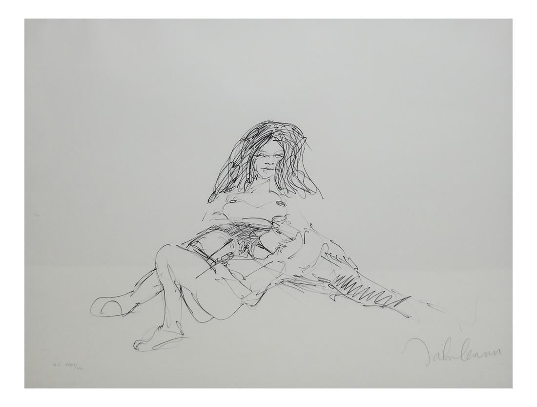 John Lennon, "Erotic 8" from the "Bag One" Portfolio: Lithograph depicting a reclined Yoko Ono with legs spread and Lennon resting his head upon her proper left thigh. Boldly signed at bottom right "John Lennon," in pencil and numbered at left "H.C. XXVI