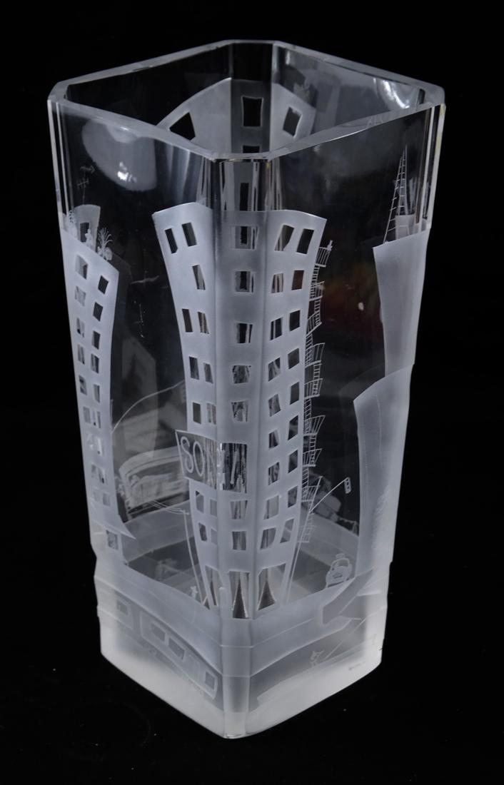 Waterford Crystal "City Scape" Vase: Engraved vase designed by Greg Sullivan. Dimensions: 5.5" W x 5.5" D x 12"H; 