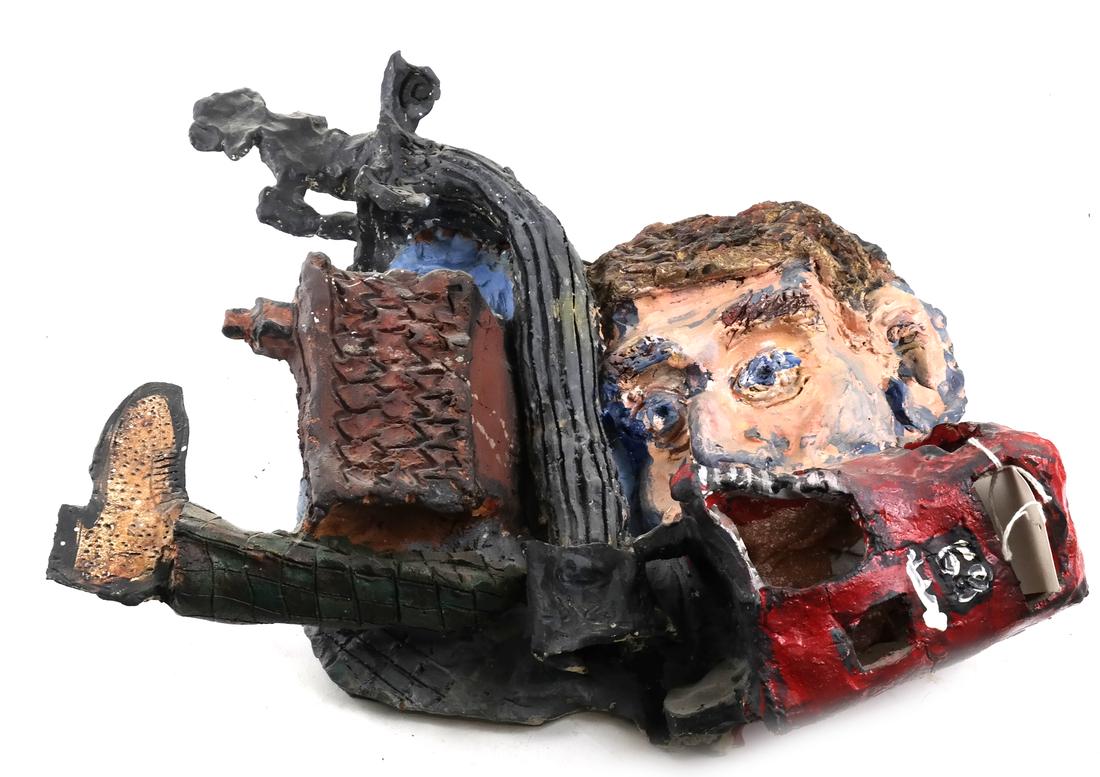 Neil Jeffries, "London Head" - Glazed Terracotta: Whimsical wall mount high relief sculpture. Signed, titled and dated "1985" on back beside partial "Contemporary Art Society Market" gallery label. Dimensions: 18.5" W x 5.5"&