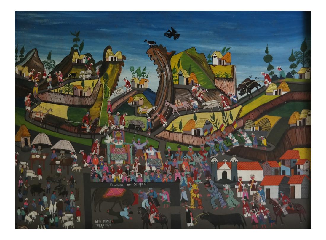 Arte Manuel Vega Cuyo, Figures On Vellum: Unframed enamel paint on animal hide - vellum, depicting an Andean village festival scene. Dimensions: Art: 26" H x 32" W; Frame: 29.5" H&n