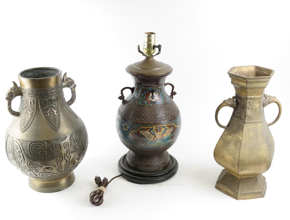 Three Chinese Cloisonne Bronze Lamps/Vases (1 of 7)