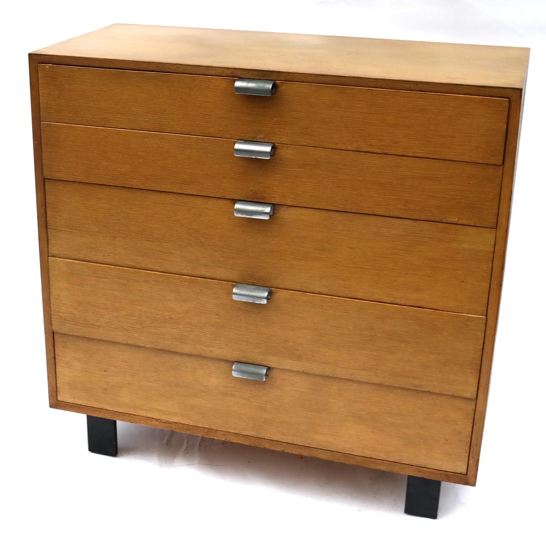 Herman Miller Five-Drawer Dresser: Mid-century modern oak dresser w/ curved steel handles and straight black painted wood feet. Dimensions: 44" W x 18.5" D x 39.5"H; 