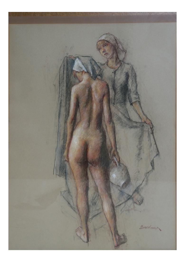 Robert Brackman, After a Bath - Pastel: Robert Brackman, After a Bath. Pastel on paper. Signed lower right. Dimensions: Art: 26" H x 21" W; Frame: 38" H x 32" 