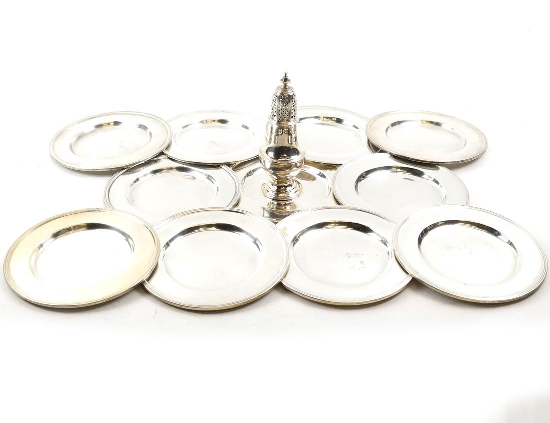 Sterling Silver Group: 11 Plates, Caster. 31.7 ozt (1 of 8)