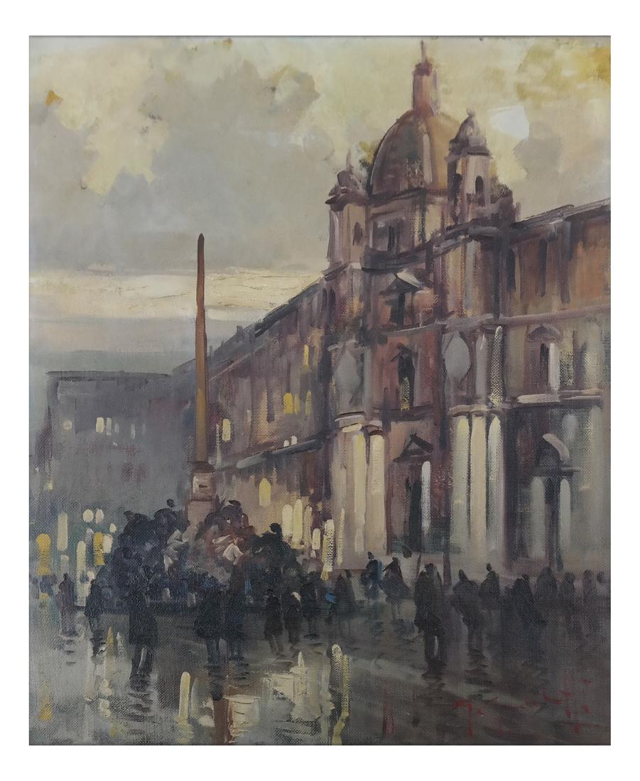 Paris Street Scene, Oil on Canvas: Oil on canvas depicting a Paris street scene. Dimensions: Art: 20" H x 16" W; Frame: 27.75" H x 23.5" W; 