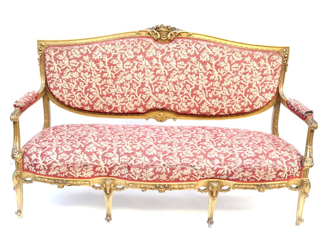 Louis XVI-Style Gilt Wood Settee: Louis XVI-style gilt wood settee. Dimensions: 71" W x 25" D x 43"H; To Seat - 17.5" H ; 