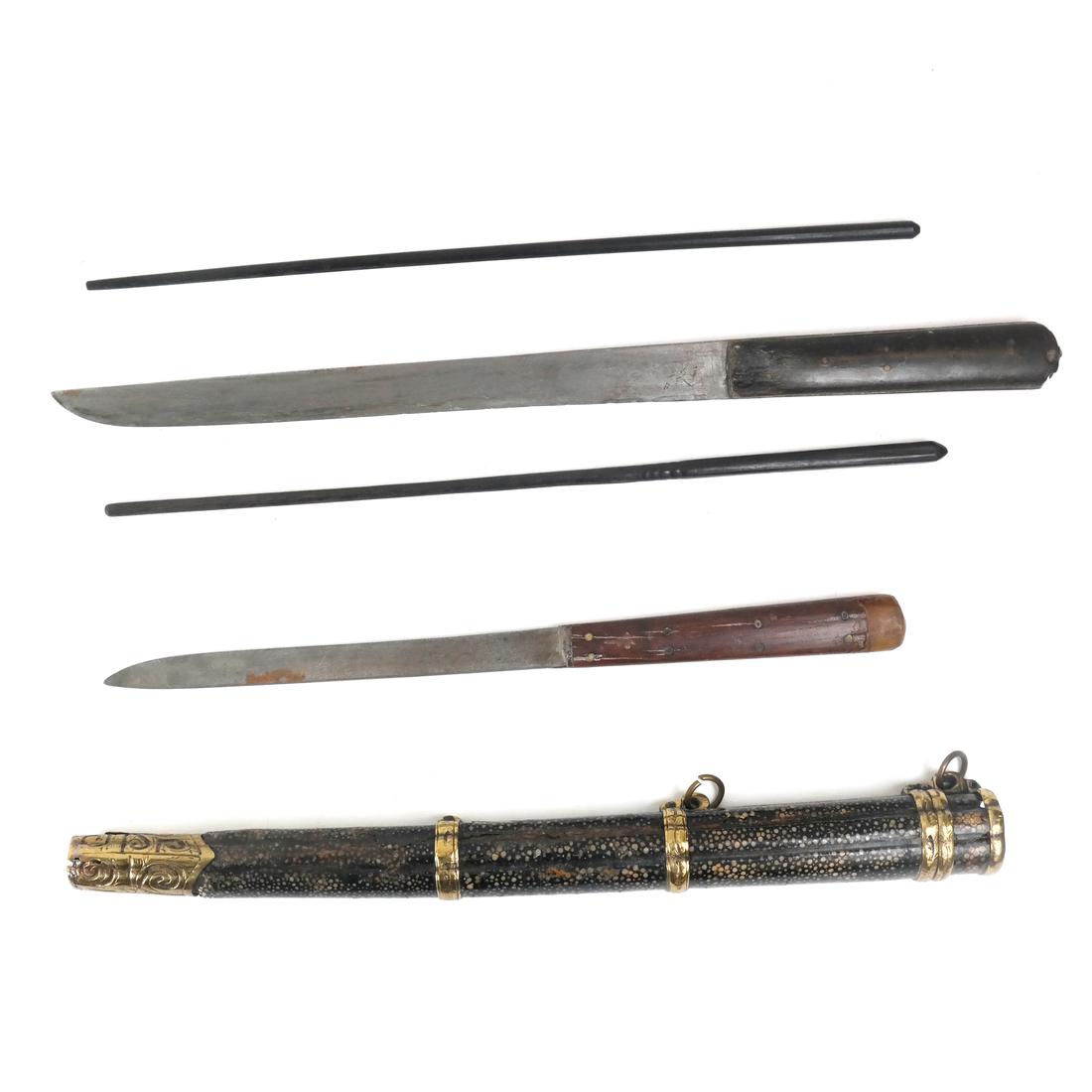 Japanese Dining Ensemble and Case: Pair of Japanese chopsticks, and two blades in a shagreen case. Dimensions: 15" L ; 