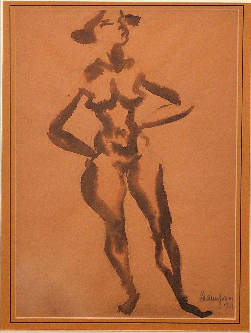 Chaim Gross Standing Nude: Ink and pencil on brown paper. Standing female nude with her hands on her hips. Signed lower right: "Chaim Gross 1937." Pamphlet from previous auction on verso. Framed under glass. Dimensions: A