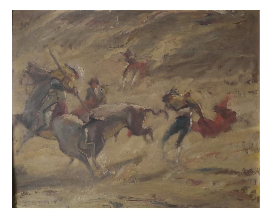 Franz Marx '24 Bullfight Scene: Gilt framed oil on panel of bullfighters. Signed lower left "Franz Marx". German. Dimensions: Art: - 16" H x 21" W; 