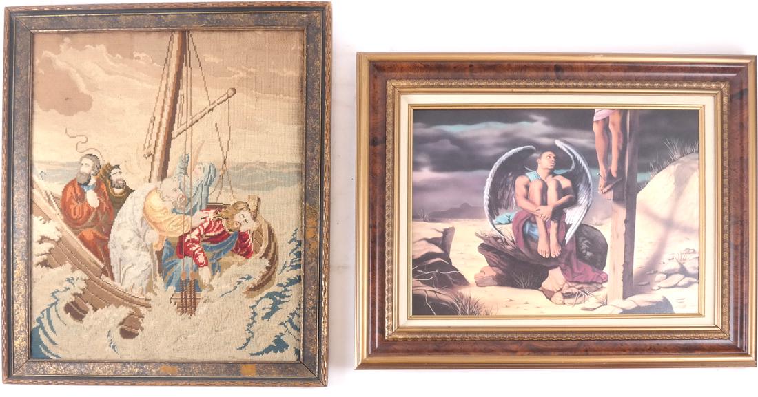 The Crucifixion & Jesus at the Sea of Galilee: Two works including a print depicting the Crucifixion, and a needlepoint depiction of Jesus at the Sea of Galilee. Dimensions: Frame 1 - 22.5" H x 18" W;