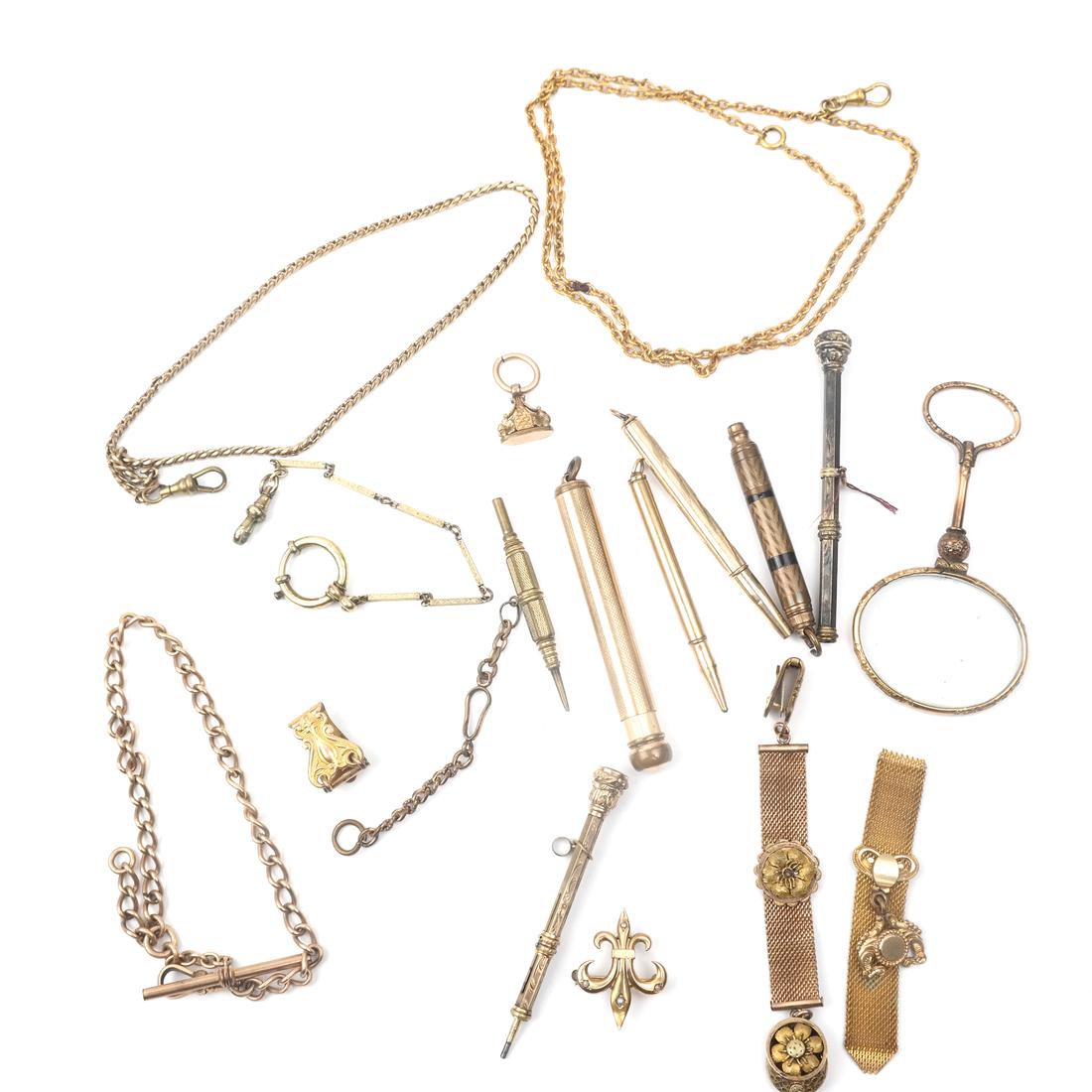 Assorted Gold-Filled Articles: Antique gold-filled articles, including many chatelaine items. 16 items total.