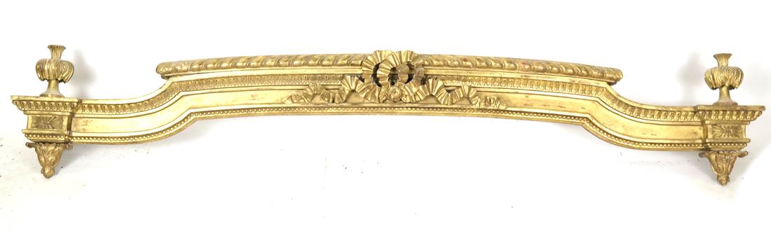French Gilt Wood Cornice-Valance: French gilt wood valance with ribbon design. Dimensions: 61" W x 8" D x 11"H; 