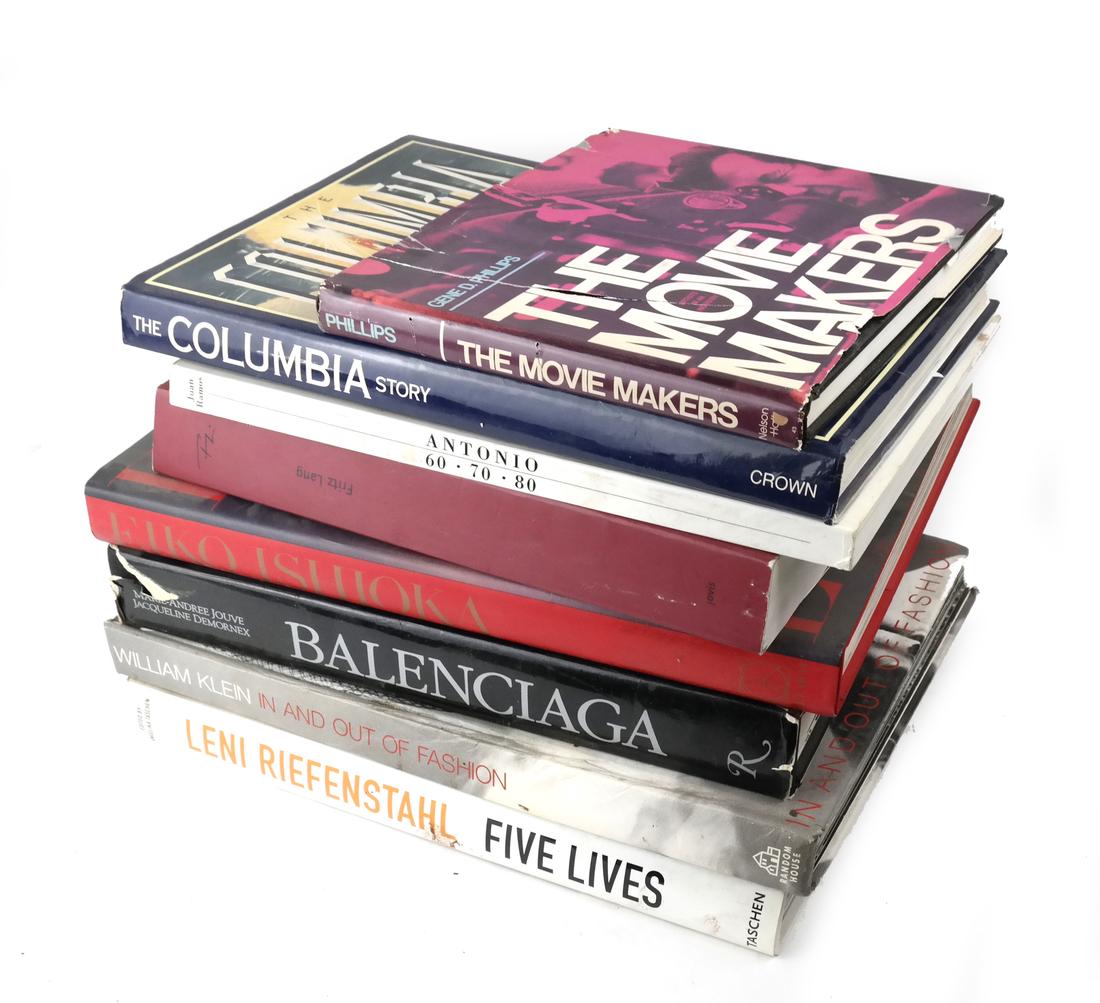 Box Lot of 8 Fashion and Film Books: 1) The Columbia Story. Crown Press. 2) Leni Riefenstahl. Five Lives. 3) The Movie Makers. Phillips. 4) Fritz Lang. Jovis. 5) Eiko Ishoka. 6) Antonio 60-70-80. 7) Balenciaga by Jouve. Rizzoli Press. 8)