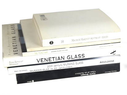 Box Lot of 6 Books on Modern Italian & French Glass: Including: 1) Venetian Glass. Mentasti. 2) Carlo Scarpa. Glass of an Architect. 3) 20th Century Murano Glass. Marc Heiremans. 4) The Venetians. Muriel Karasik. 5) Laura de Santillana. 6) Maurice Marin