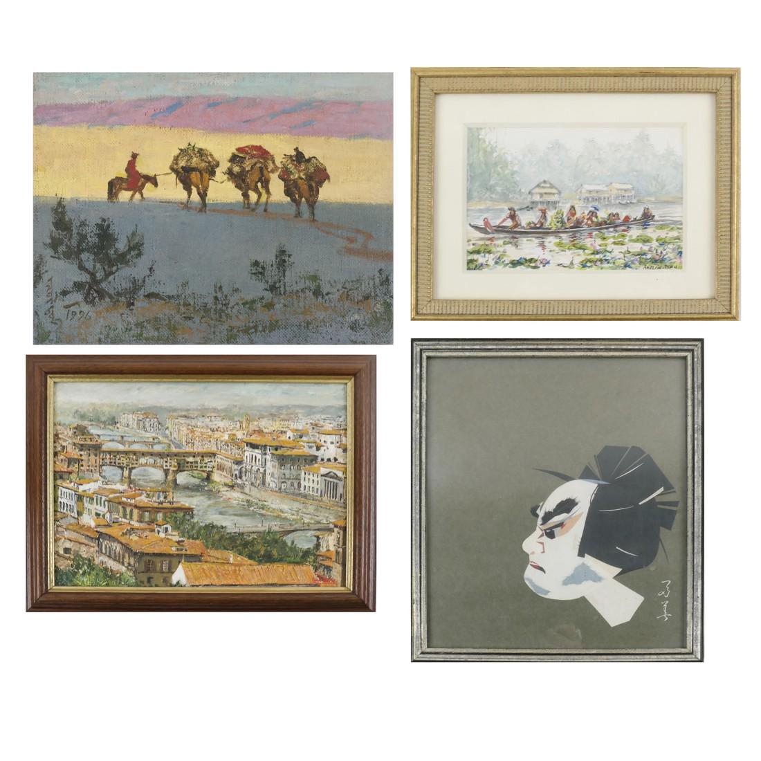 Four Works of Art: Comprises: 1.) an oil on board depicting a canal scene. 2.) a watercolor depicting figures in a boat. 3.) a collage. 4.) an oil on canvas depicting camels. Dimensions: Largest - 11&quo