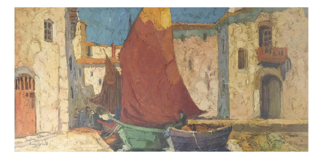 Middle Eastern Impressionist Dock, Signed: Sailboat and dock, signed lower left.
