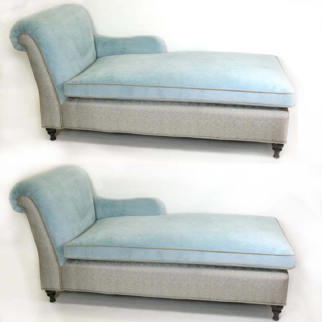 Pair of Suede and Linen Upholstered Daybeds: Pair of suede and linen upholstered daybeds, scrolled back, turned wood feet. Dimensions: 74" W x 38" D x 36"H; 