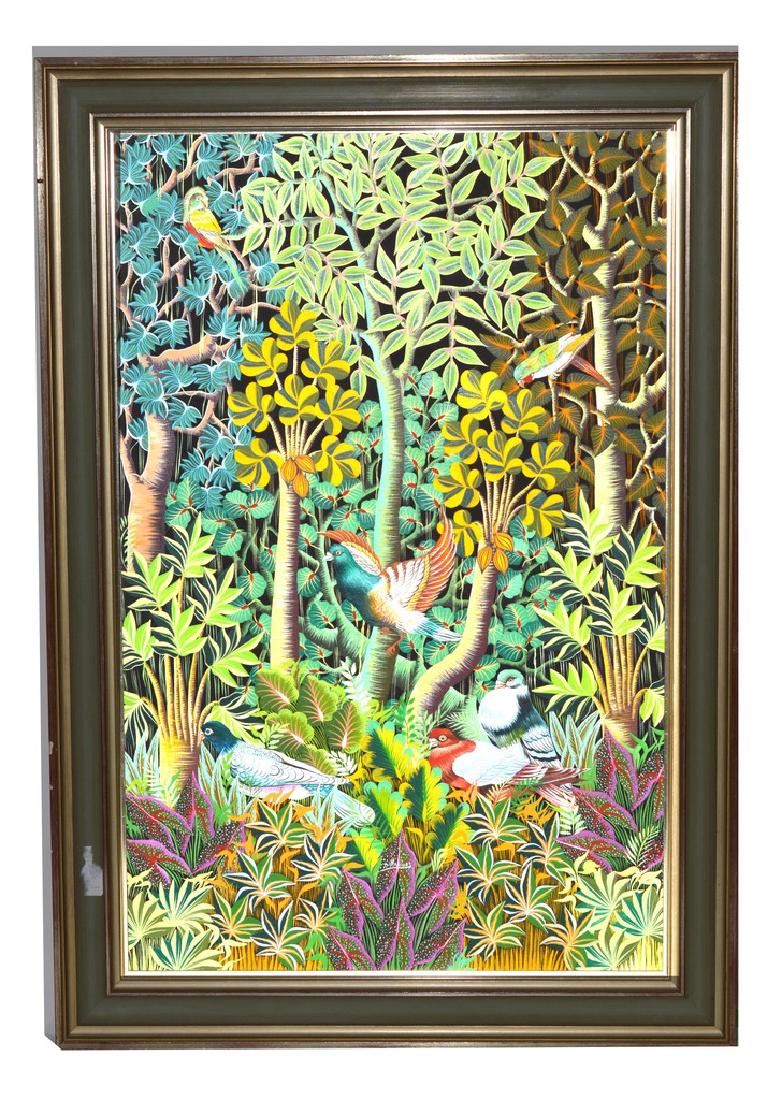 Serge Manigaut, Jungle Foliage - Acrylic on Canvas: Stylized colorful depiction of jungle foliage occupied by six birds. Signed at bottom center: "S. Manigaut." Inscribed on verso at top of stretcher bar "P. 836 P.A.C. '81". Dimensions: Art: 