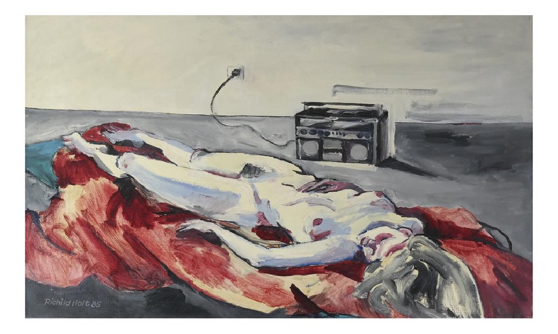 Richard Holt - Reclining Female Nude - Oil on Canvas: Depicts a foreshortened female nude w/ 1980s-era boombox in background. Signed bottom left "Richard Holt.85". Dimensions: Art: 15.75" H x 23.5" W; : 