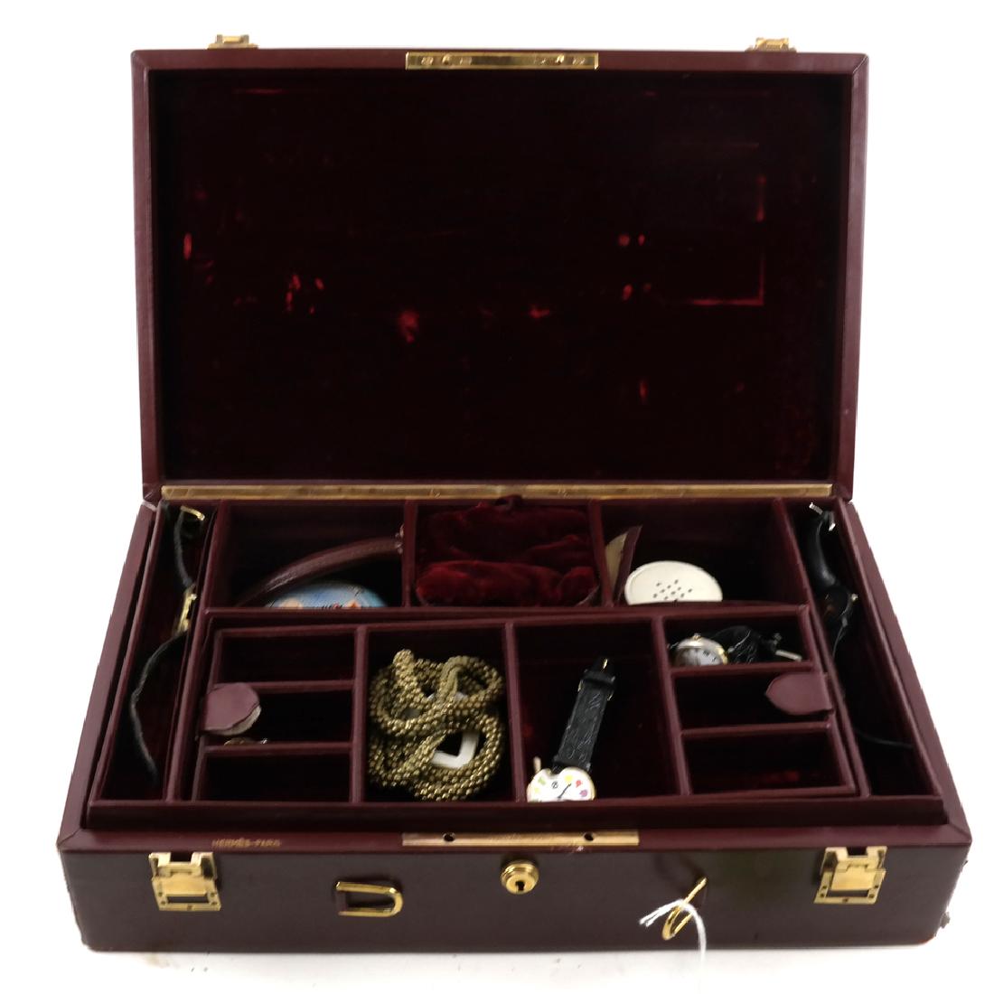 Hermes Jewelry Box and Contents: Box "as is", lock signed "Hermes Paris", as well as leather signed.