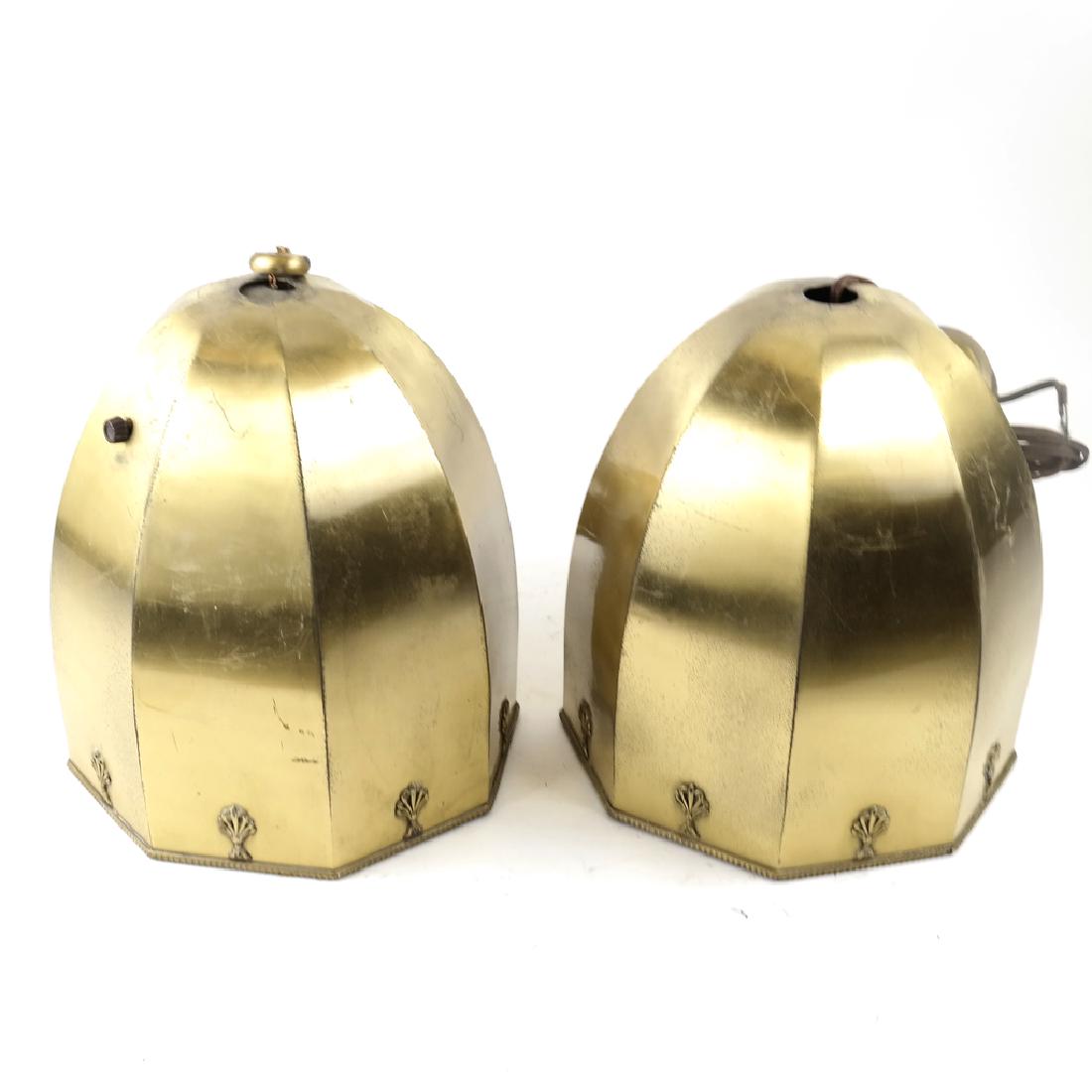 Pair of Octagonal Reed-Form Brass Pendant Fixtures: Pair of octagonal reed-form brass pendant fixtures. Dimensions: Approx - 9.5" ⌀ x 11.5" H; 