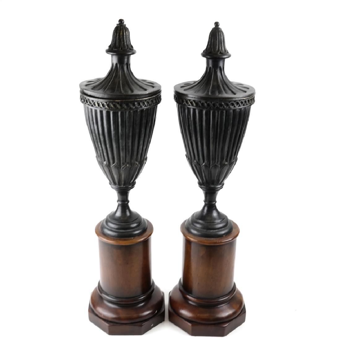 Pair Bronze Urns on Wood Bases (1 of 5)