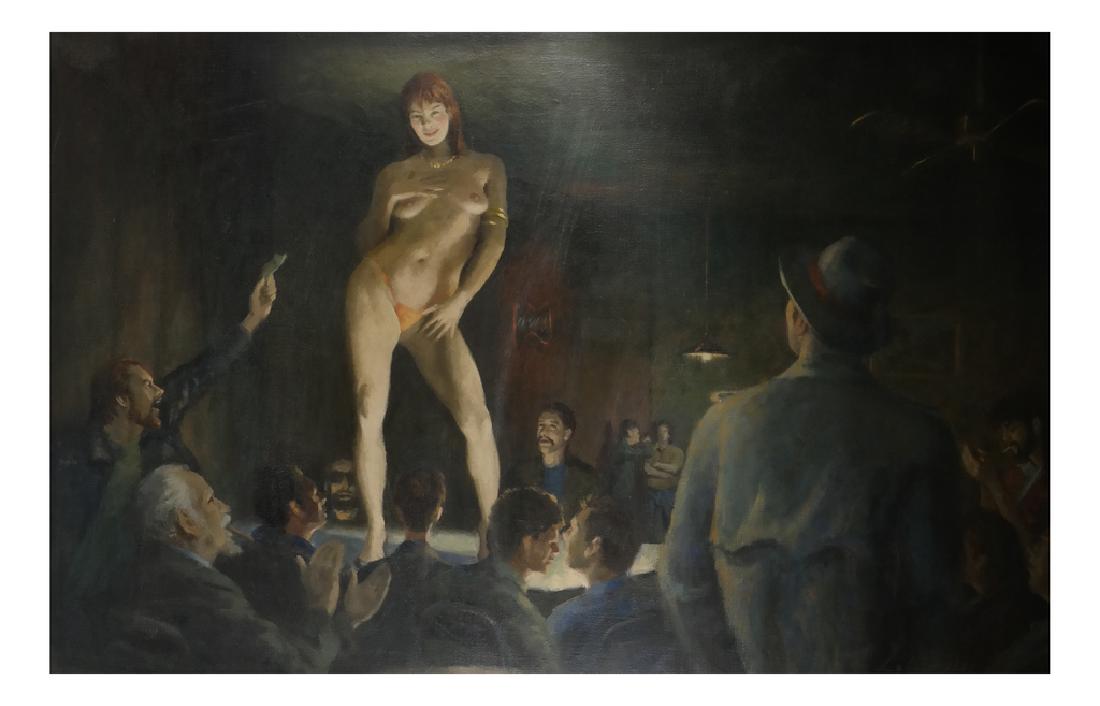 Lebow - Oil on Canvas - Gentlemen's Club: Lebow, oil on canvas "Gentlemen's Club." Dimensions: Art: 23.5" H x 36.5" W; Frame: 27.75" H x 40.5" W; 