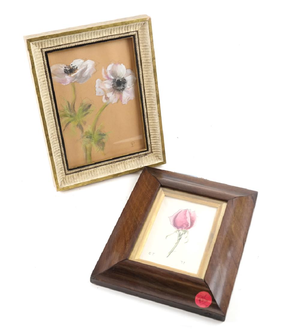 Emma Tennant (French) Watercolors - Still Lifes: Two Emma Tennant watercolors - monogrammed still lifes including: 1) Pansies "IP". 2) Rose "ET" 97, Emma Tennant market label on verso. Both framed under glass.
