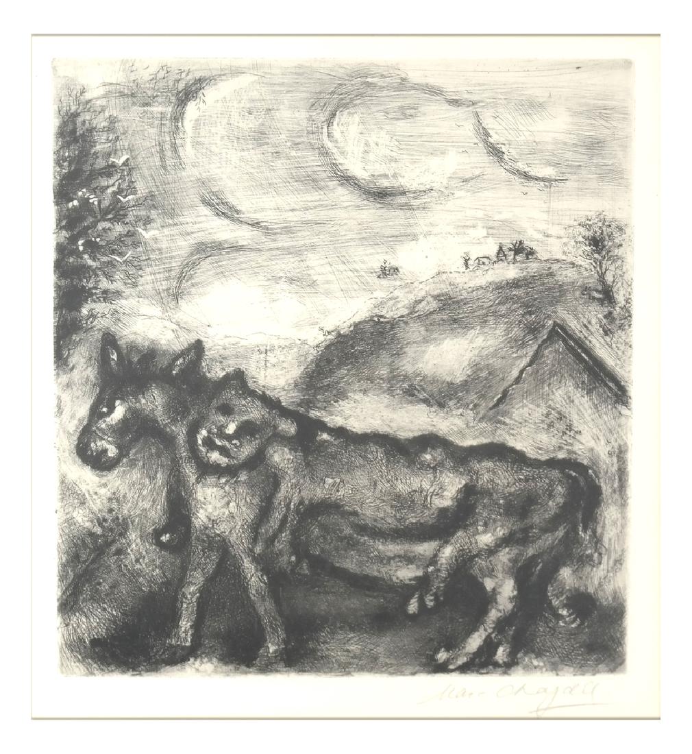 Marc Chagall "Donkey Dressed in the Skin of a Lion": Drypoint etching "The Donkey Dressed in the Skin of a Lion", from Les Fables de la Fontaine, Volume II. 1952. Boldly signed in wide bottom margin at right "Marc Chagall" and numbered at left "64". Dou