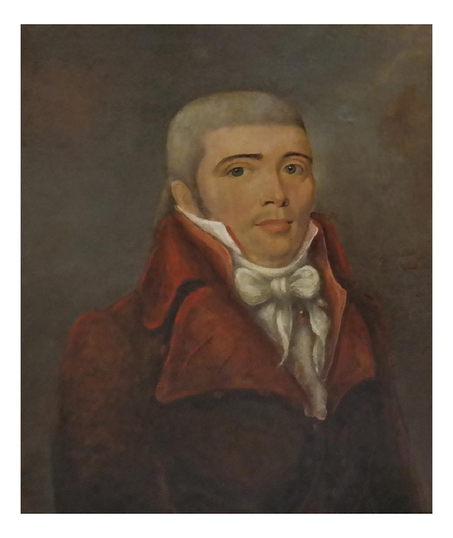 1812 Portrait of a Parisian Gentleman: Oil on canvas portrait of a gentleman, wearing a red overcoat with high Napoleonic collar, in a waist-length 3/4 profile pose. Signed illegibly and inscribed at bottom left "...1812 / Paris." Containe