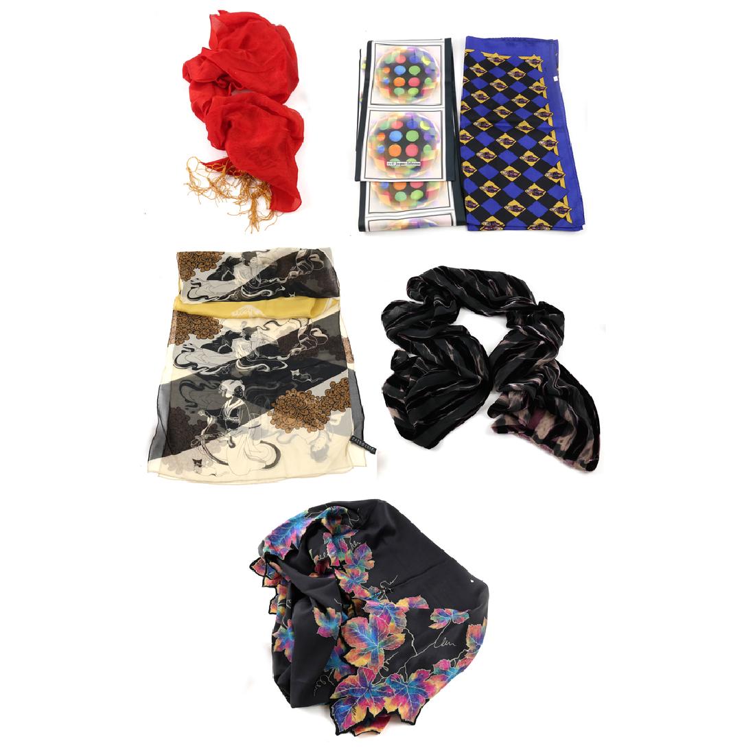 Artistic Silk Scarves - 6 pcs.: Artistic silk scarves by Jacques Lieberman and others. 20th century. Dimensions: Lieberman scarf - 7.75" H x 60" W; 