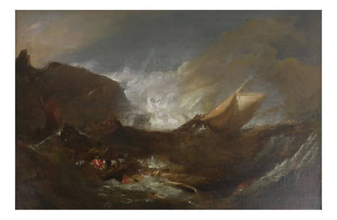 Adriaen Van de Velde - Stormy Seas: 17th century oil on canvas, depicting men on ships in stormy seas. Dimensions: Art: 12" H x 18" W; Frame: 17.25" H x 23"&nbs