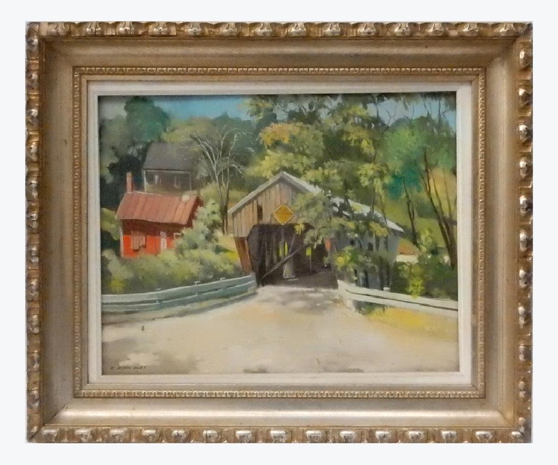 R. Alden Burt, Covered Bridge: Landscape with covered bridge. Oil on masonite. Signed "R. Alden" in lower left. Dimensions: Art: 11.5" H x 14.5" W; Frame: 20" H x&nb