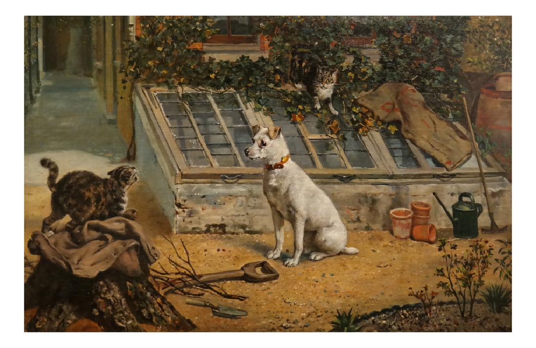 J.C. Dollnian (?), Oil on Canvas - Cats and Dog (1 of 4)