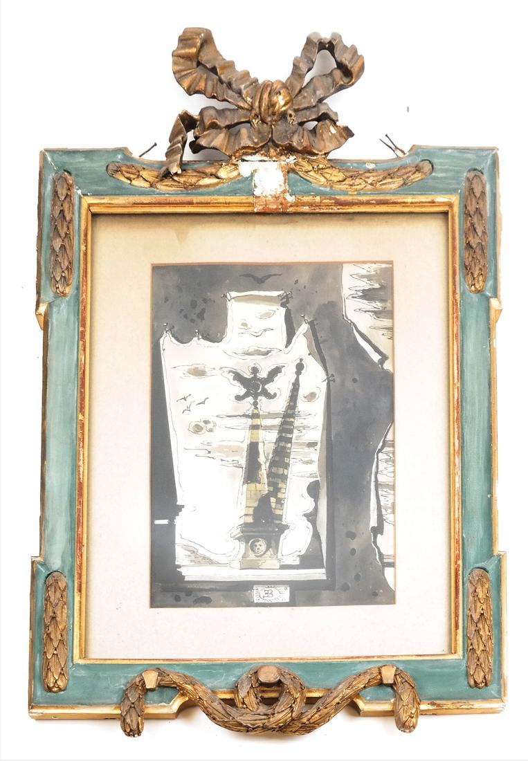 Eugene Berman (Russian, 1899-1972) - Watercolor: Surrealist study of an obelisk, in monochromatic tones. Signed "EB" in central reserve. From the Estate of Jean Bach. Dimensions: Sight: 12.25" H x 8.25" W;&nb