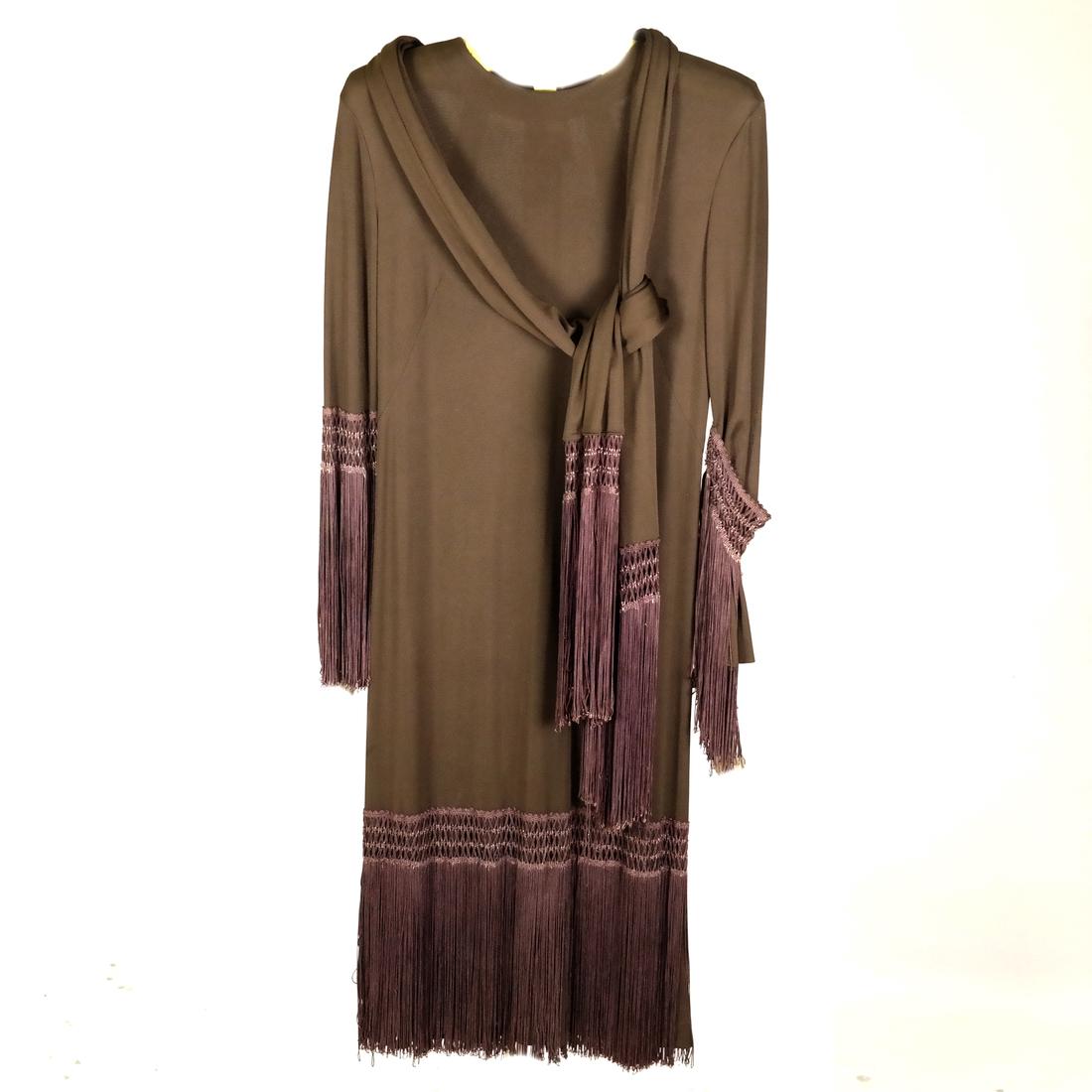 Emilio Pucci Brown Jersey Dress: Brown jersey dress and scarf with matching long fringe, late 1960s or early 1970s. From the Estate of Jean Bach. Dimensions: Bust - 34" W ; Hips - 